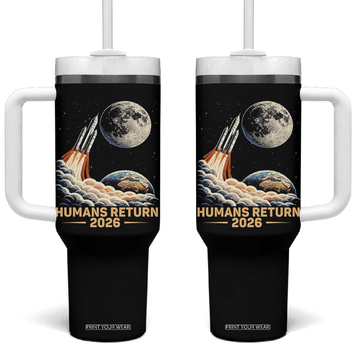 Retro Humans Return 2026 Lunar Mission Tumbler With Handle Vintage Style Rocket Launch n Moon Graphic TS02 One Size: 40 oz Black Print Your Wear