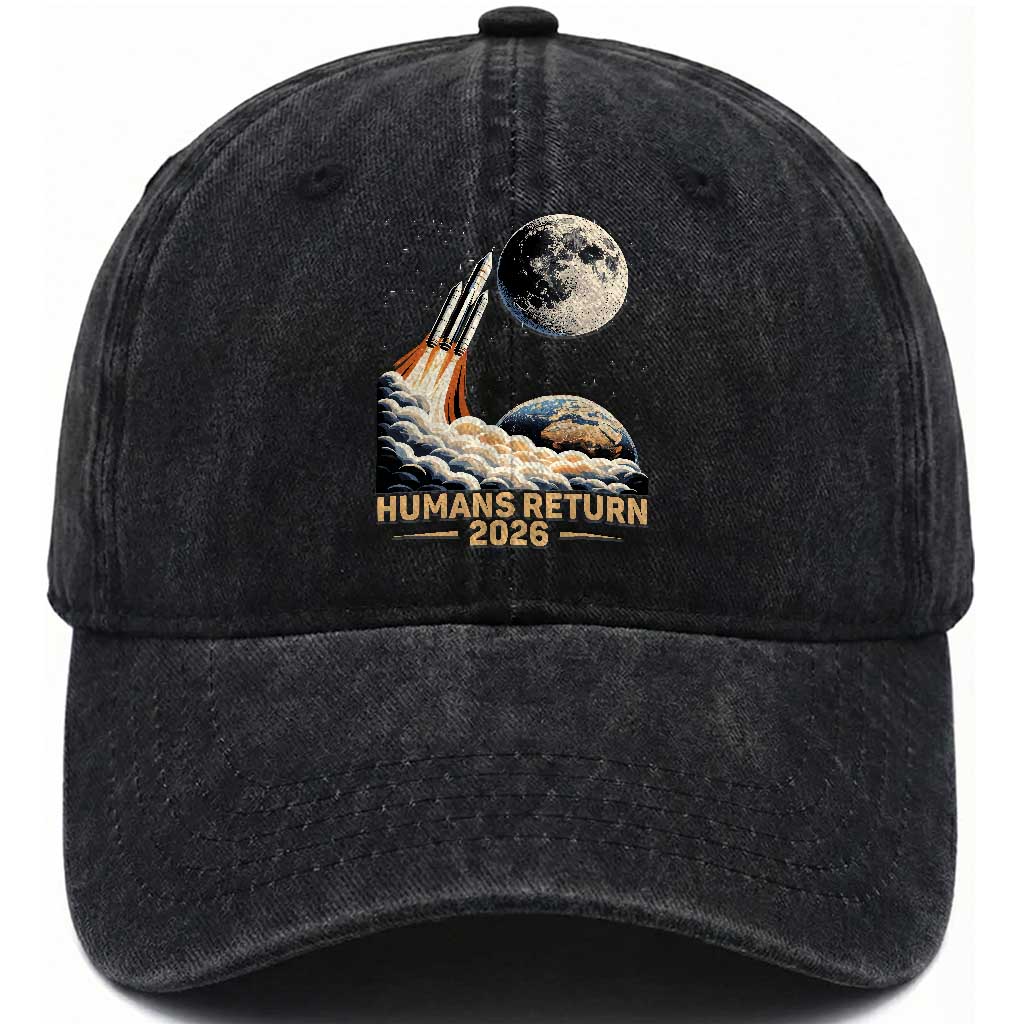 Retro Humans Return 2026 Lunar Mission Washed Cotton Baseball Cap Vintage Style Rocket Launch n Moon Graphic TS02 Print Your Wear