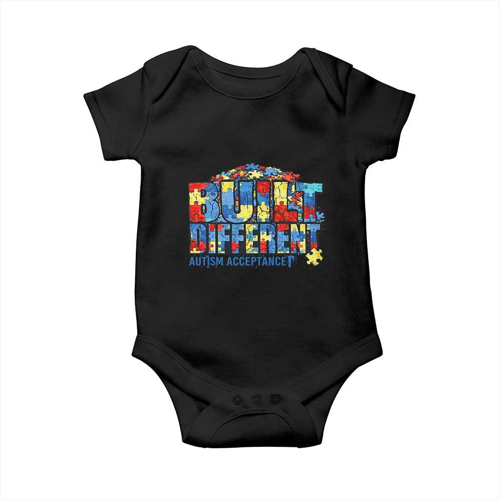 Built Different Autism Acceptance Puzzle Piece Graphic Baby Onesie Inspirational Neurodiversity Support TS02 Black Print Your Wear