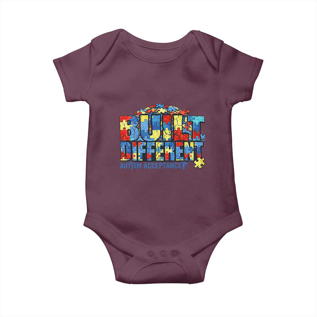Built Different Autism Acceptance Puzzle Piece Graphic Baby Onesie Inspirational Neurodiversity Support TS02 Maroon Print Your Wear