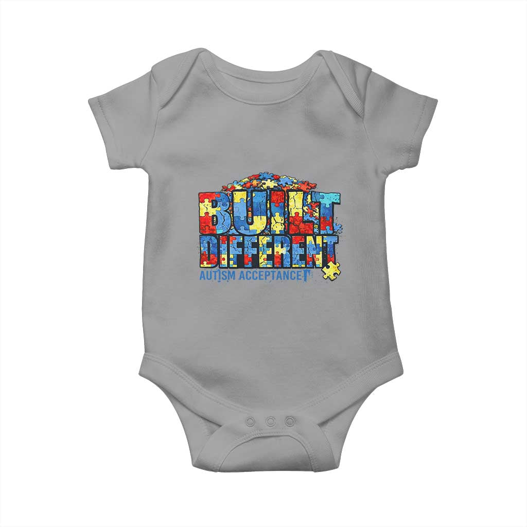 Built Different Autism Acceptance Puzzle Piece Graphic Baby Onesie Inspirational Neurodiversity Support TS02 Sport Gray Print Your Wear