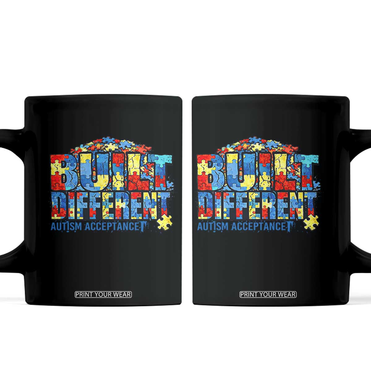 Built Different Autism Acceptance Puzzle Piece Graphic Coffee Mug Inspirational Neurodiversity Support TS02 Black Print Your Wear