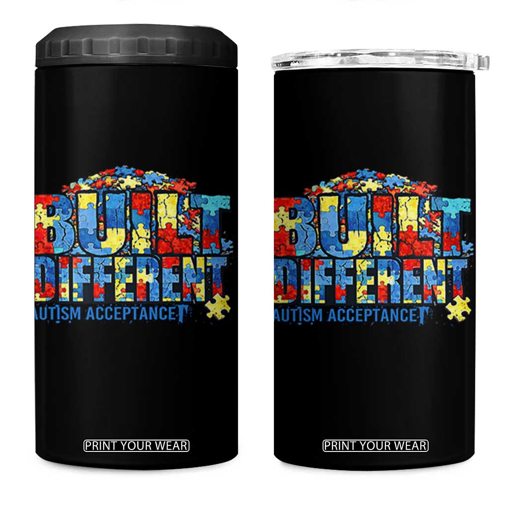 Built Different Autism Acceptance Puzzle Piece Graphic 4 in 1 Can Cooler Tumbler Inspirational Neurodiversity Support TS02 One Size: 16 oz Black Print Your Wear