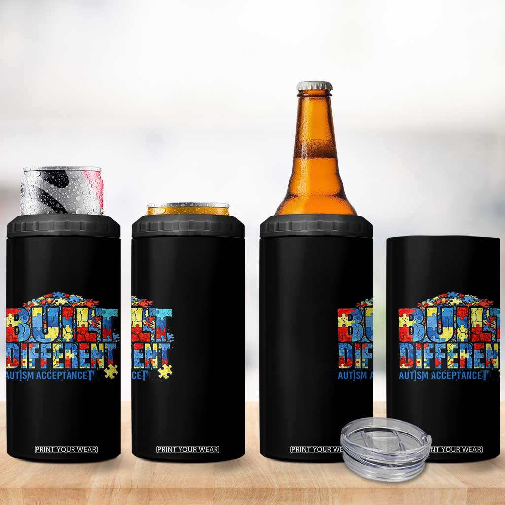 Built Different Autism Acceptance Puzzle Piece Graphic 4 in 1 Can Cooler Tumbler Inspirational Neurodiversity Support TS02 Print Your Wear