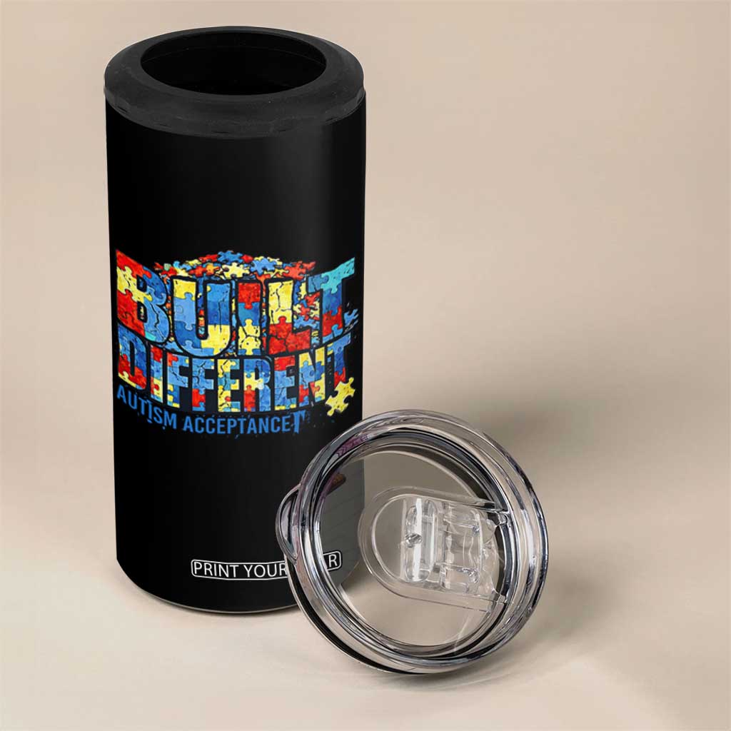 Built Different Autism Acceptance Puzzle Piece Graphic 4 in 1 Can Cooler Tumbler Inspirational Neurodiversity Support TS02 Print Your Wear