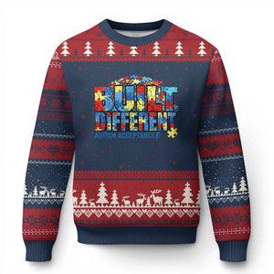 Built Different Autism Acceptance Puzzle Piece Graphic Ugly Christmas Sweater Inspirational Neurodiversity Support TS02 Navy Red Print Your Wear