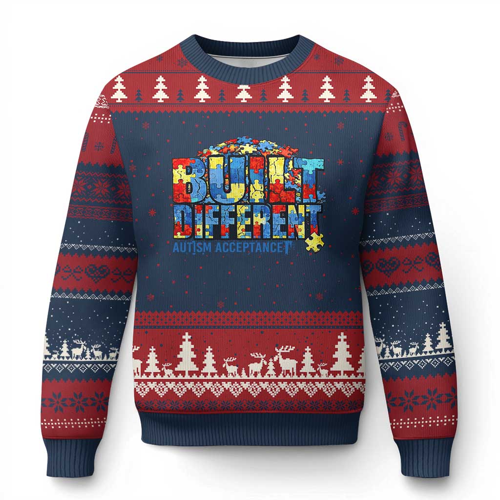 Built Different Autism Acceptance Puzzle Piece Graphic Ugly Christmas Sweater Inspirational Neurodiversity Support TS02 Navy Red Print Your Wear