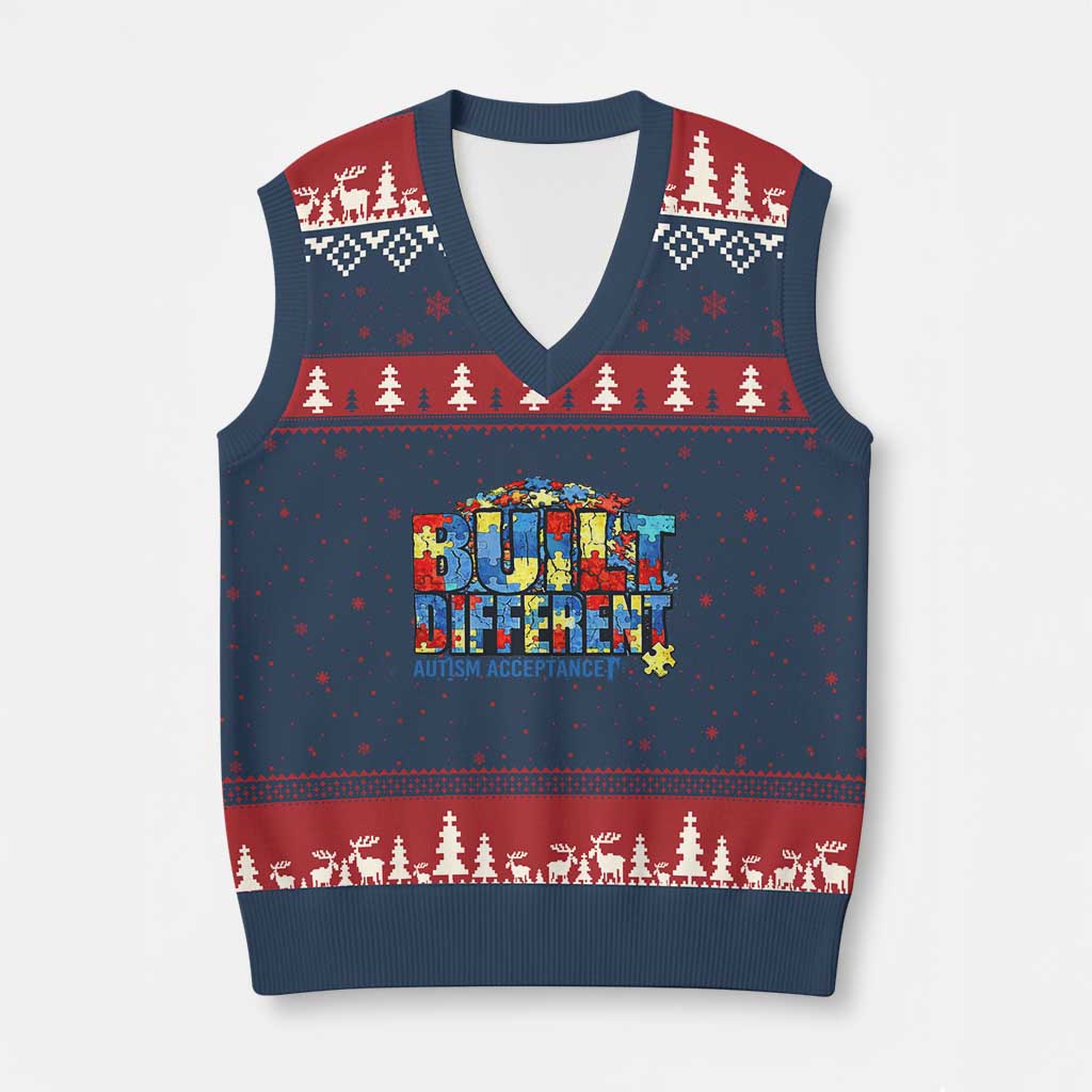 Built Different Autism Acceptance Puzzle Piece Graphic V-Neck Knit Sweater Vest Inspirational Neurodiversity Support TS02 Navy Red Print Your Wear
