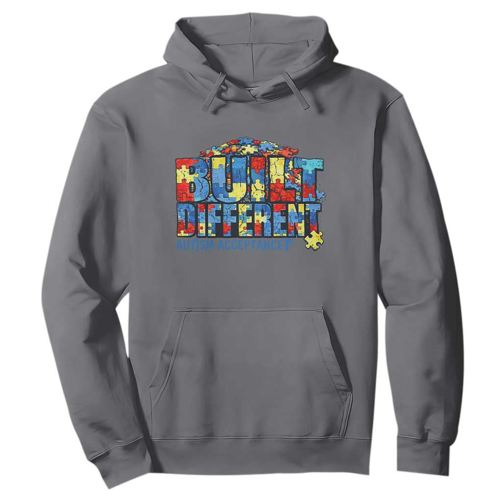 Built Different Autism Acceptance Puzzle Piece Graphic Hoodie Inspirational Neurodiversity Support TS02 Charcoal Print Your Wear