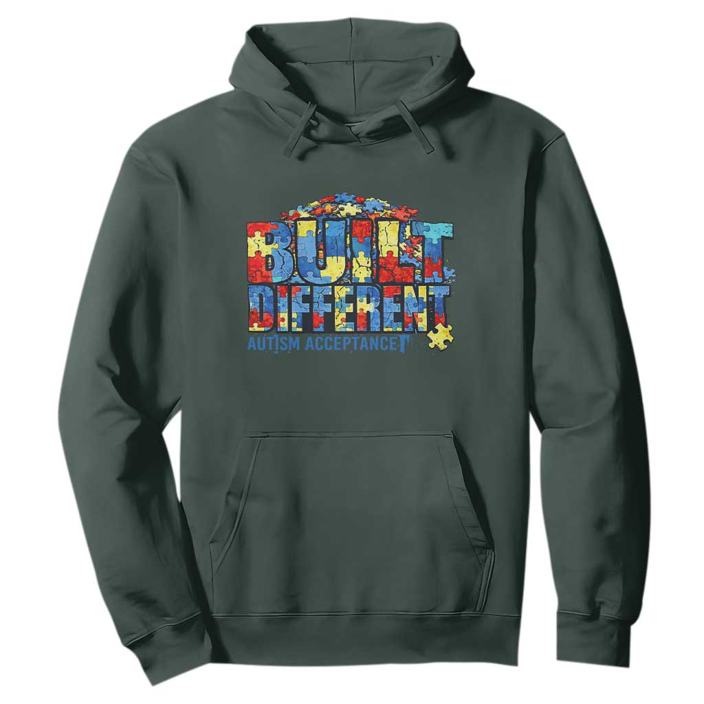 Built Different Autism Acceptance Puzzle Piece Graphic Hoodie Inspirational Neurodiversity Support TS02 Dark Forest Green Print Your Wear