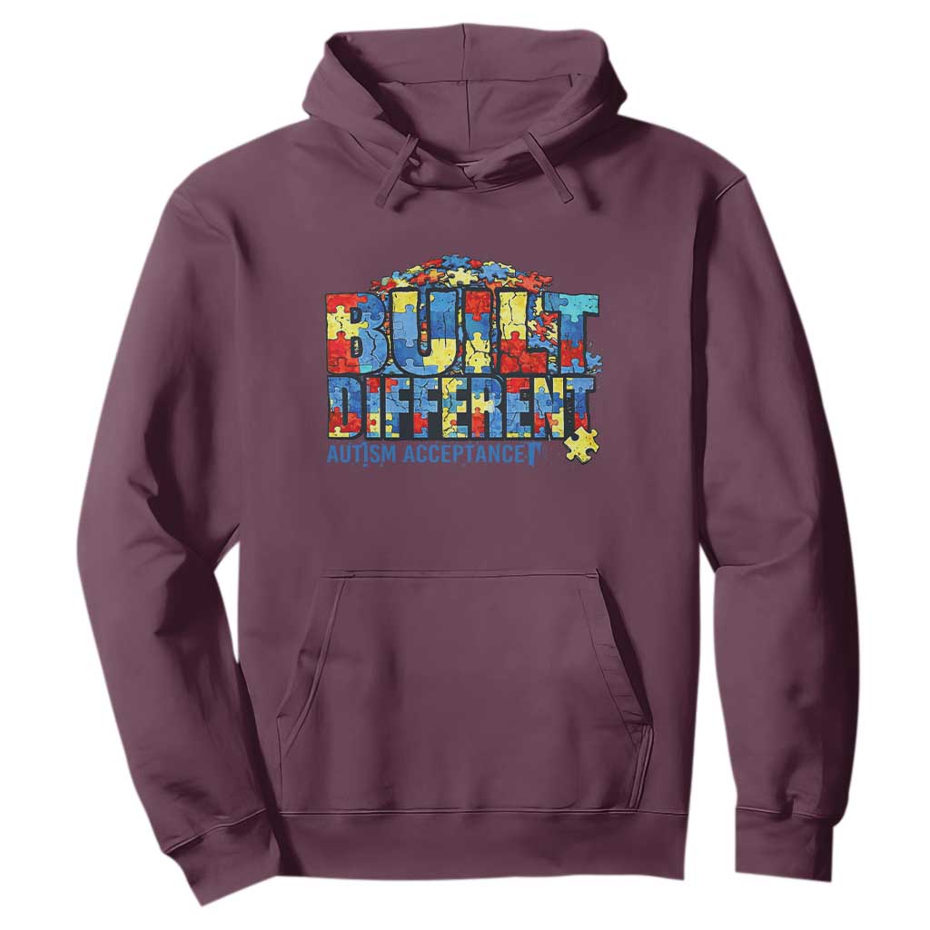 Built Different Autism Acceptance Puzzle Piece Graphic Hoodie Inspirational Neurodiversity Support TS02 Maroon Print Your Wear