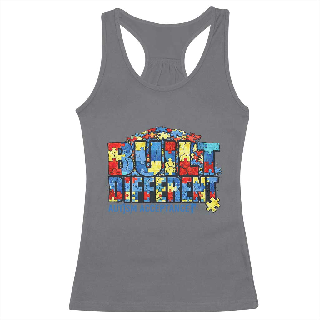 Built Different Autism Acceptance Puzzle Piece Graphic Racerback Tank Top Inspirational Neurodiversity Support TS02 Charcoal Print Your Wear