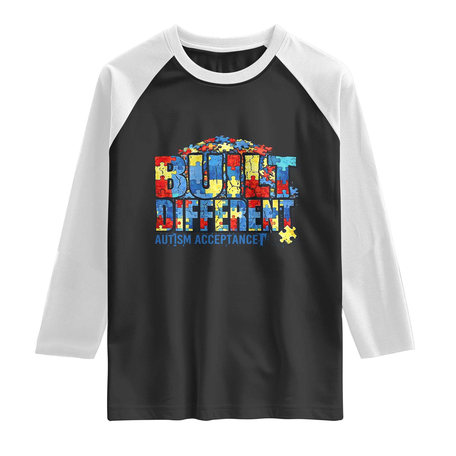 Built Different Autism Acceptance Puzzle Piece Graphic Raglan Shirt Inspirational Neurodiversity Support TS02 Black White Print Your Wear