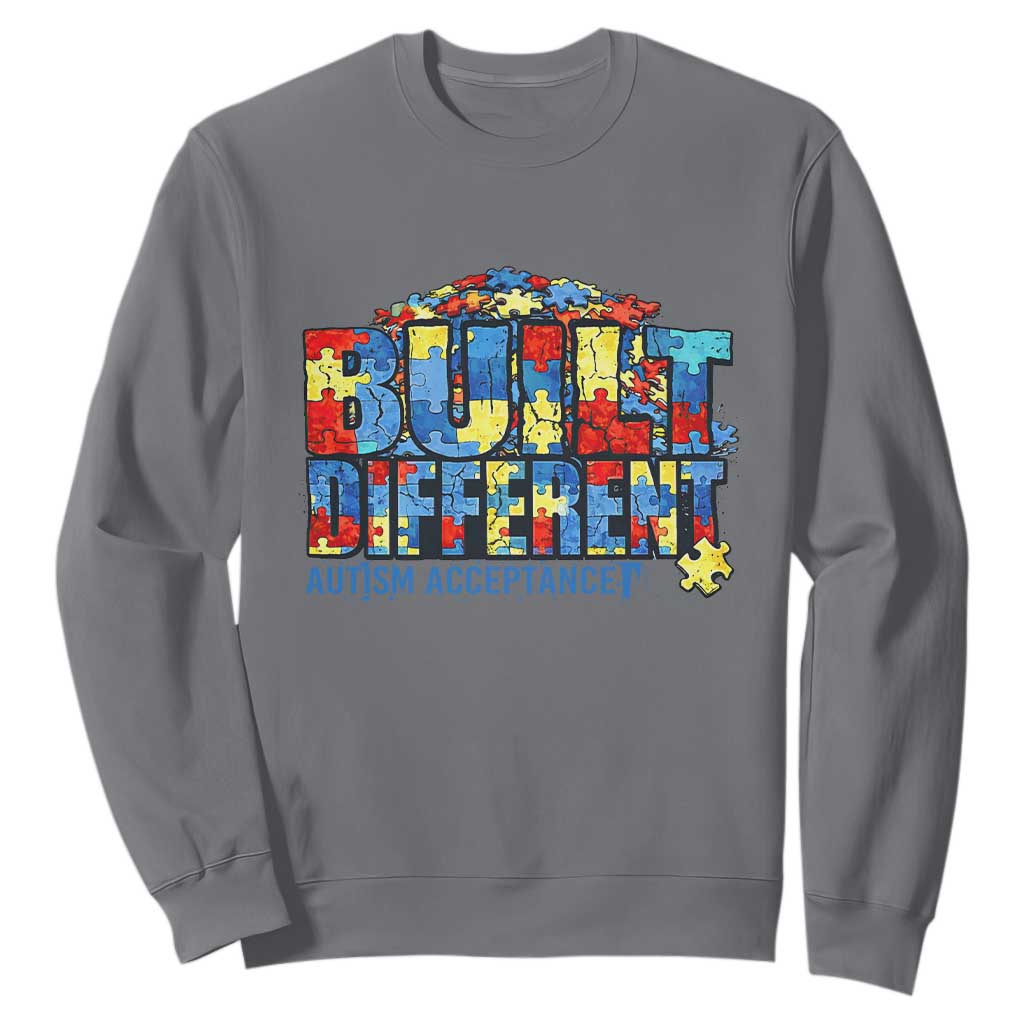 Built Different Autism Acceptance Puzzle Piece Graphic Sweatshirt Inspirational Neurodiversity Support TS02 Charcoal Print Your Wear