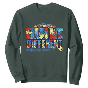 Built Different Autism Acceptance Puzzle Piece Graphic Sweatshirt Inspirational Neurodiversity Support TS02 Dark Forest Green Print Your Wear