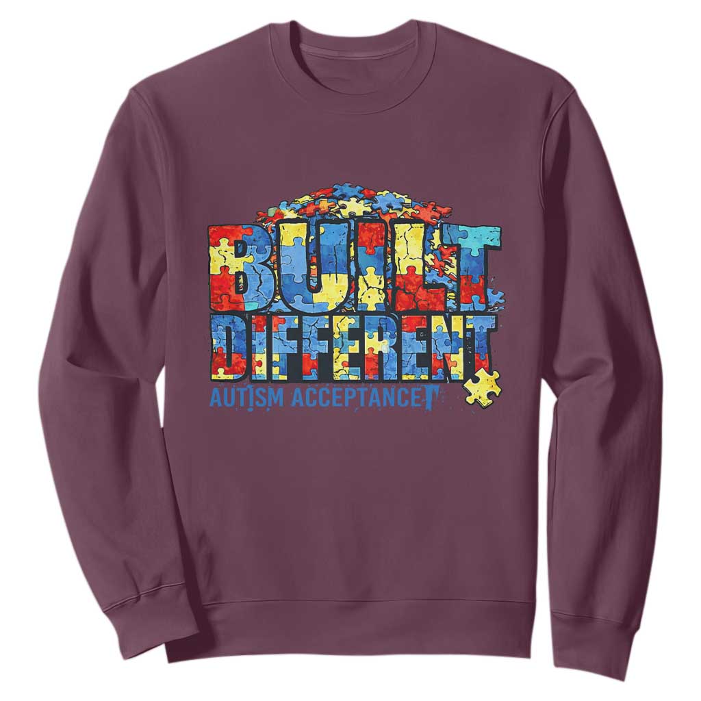 Built Different Autism Acceptance Puzzle Piece Graphic Sweatshirt Inspirational Neurodiversity Support TS02 Maroon Print Your Wear