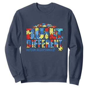 Built Different Autism Acceptance Puzzle Piece Graphic Sweatshirt Inspirational Neurodiversity Support TS02 Navy Print Your Wear