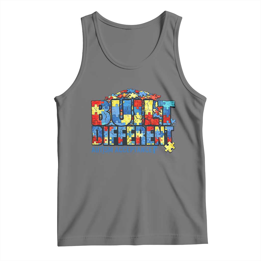 Built Different Autism Acceptance Puzzle Piece Graphic Tank Top Inspirational Neurodiversity Support TS02 Black Heather Print Your Wear