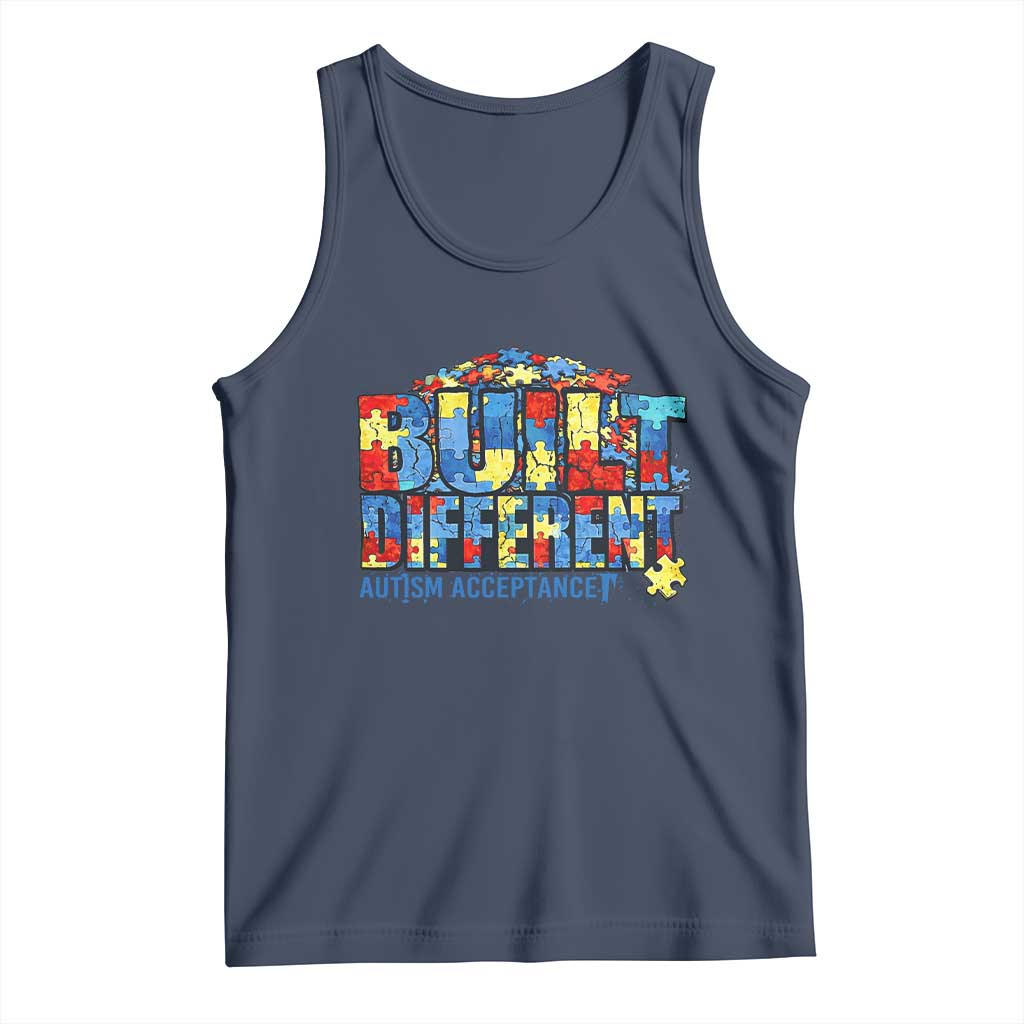 Built Different Autism Acceptance Puzzle Piece Graphic Tank Top Inspirational Neurodiversity Support TS02 Navy Print Your Wear