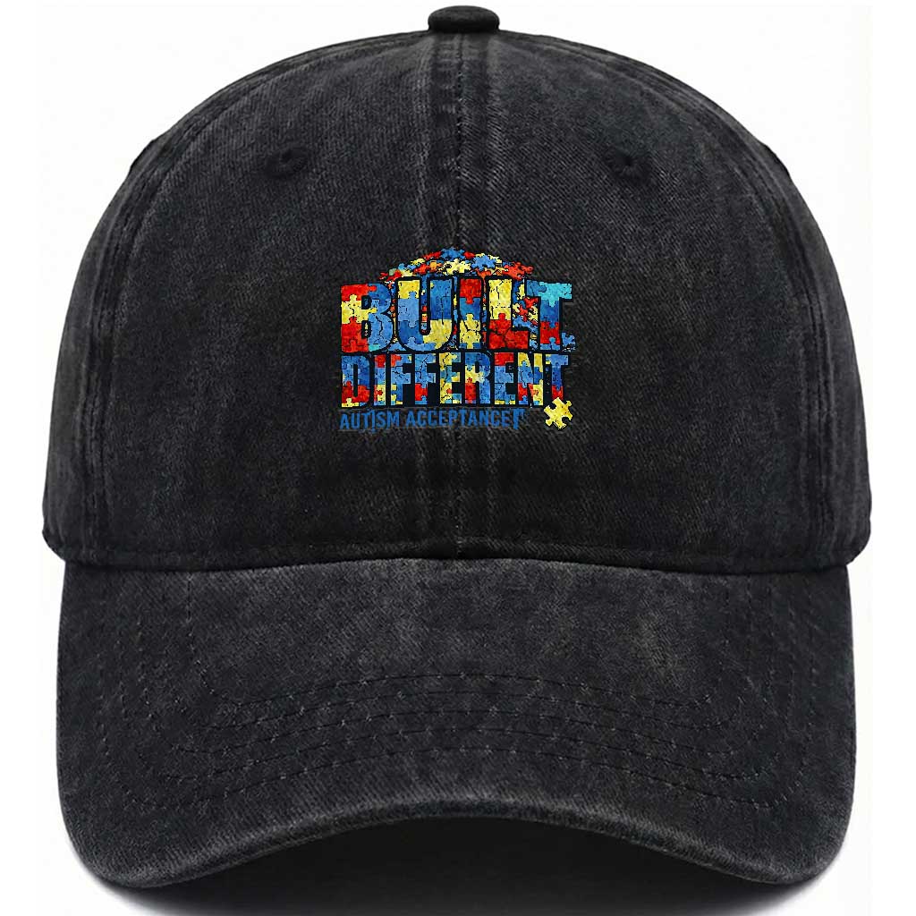 Built Different Autism Acceptance Puzzle Piece Graphic Washed Cotton Baseball Cap Inspirational Neurodiversity Support TS02 Print Your Wear