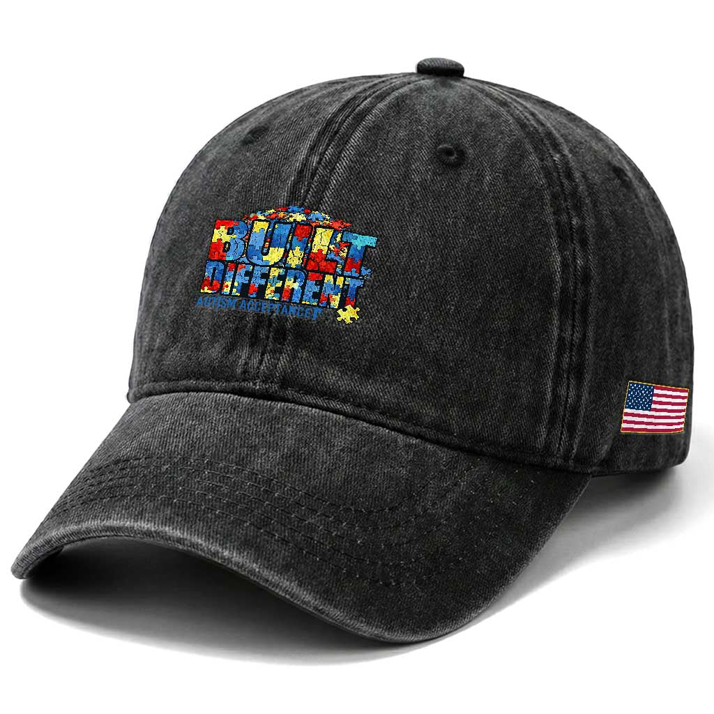 Built Different Autism Acceptance Puzzle Piece Graphic Washed Cotton Baseball Cap Inspirational Neurodiversity Support TS02 Print Your Wear