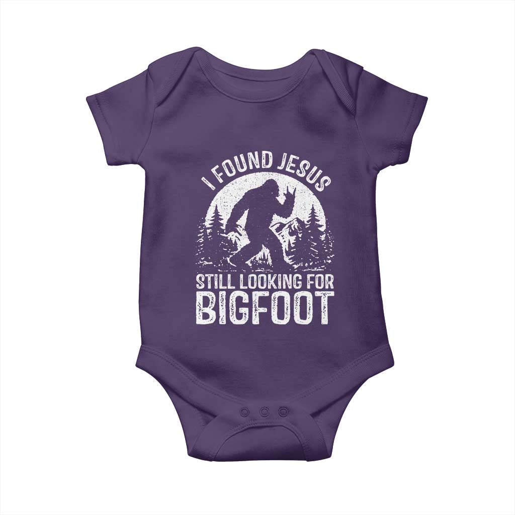 Funny Christian Sasquatch Baby Onesie I Found Jesus Still Looking for Bigfoot Vintage Distressed Graphic TS02 Purple Print Your Wear
