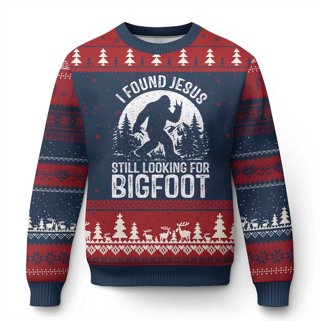 Funny Christian Sasquatch Ugly Christmas Sweater I Found Jesus Still Looking for Bigfoot Vintage Distressed Graphic TS02 Navy Red Print Your Wear