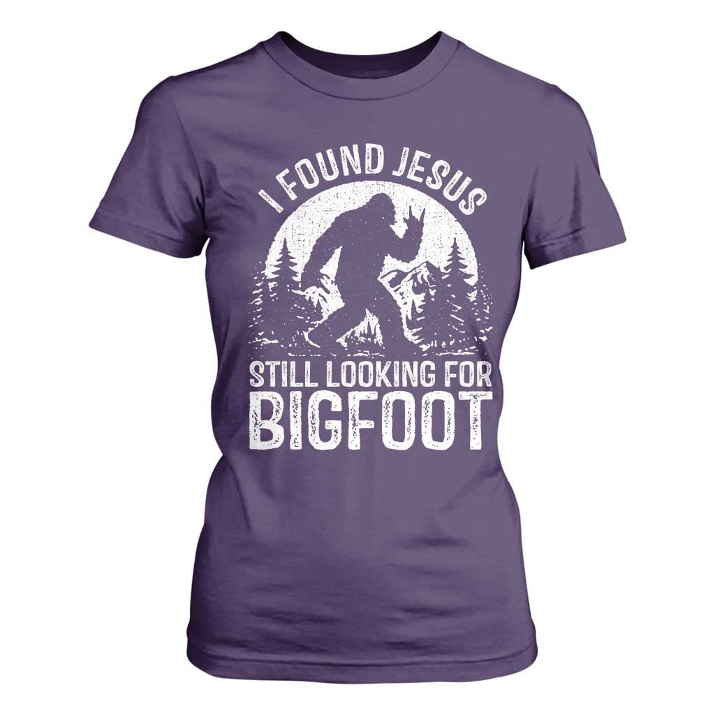 Funny Christian Sasquatch T Shirt For Women I Found Jesus Still Looking for Bigfoot Vintage Distressed Graphic TS02 Purple Print Your Wear