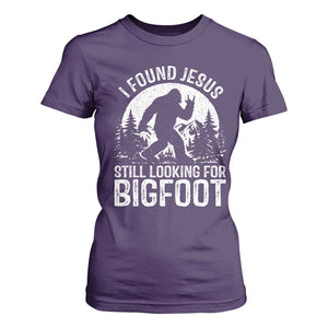 Funny Christian Sasquatch T Shirt For Women I Found Jesus Still Looking for Bigfoot Vintage Distressed Graphic TS02 Purple Print Your Wear