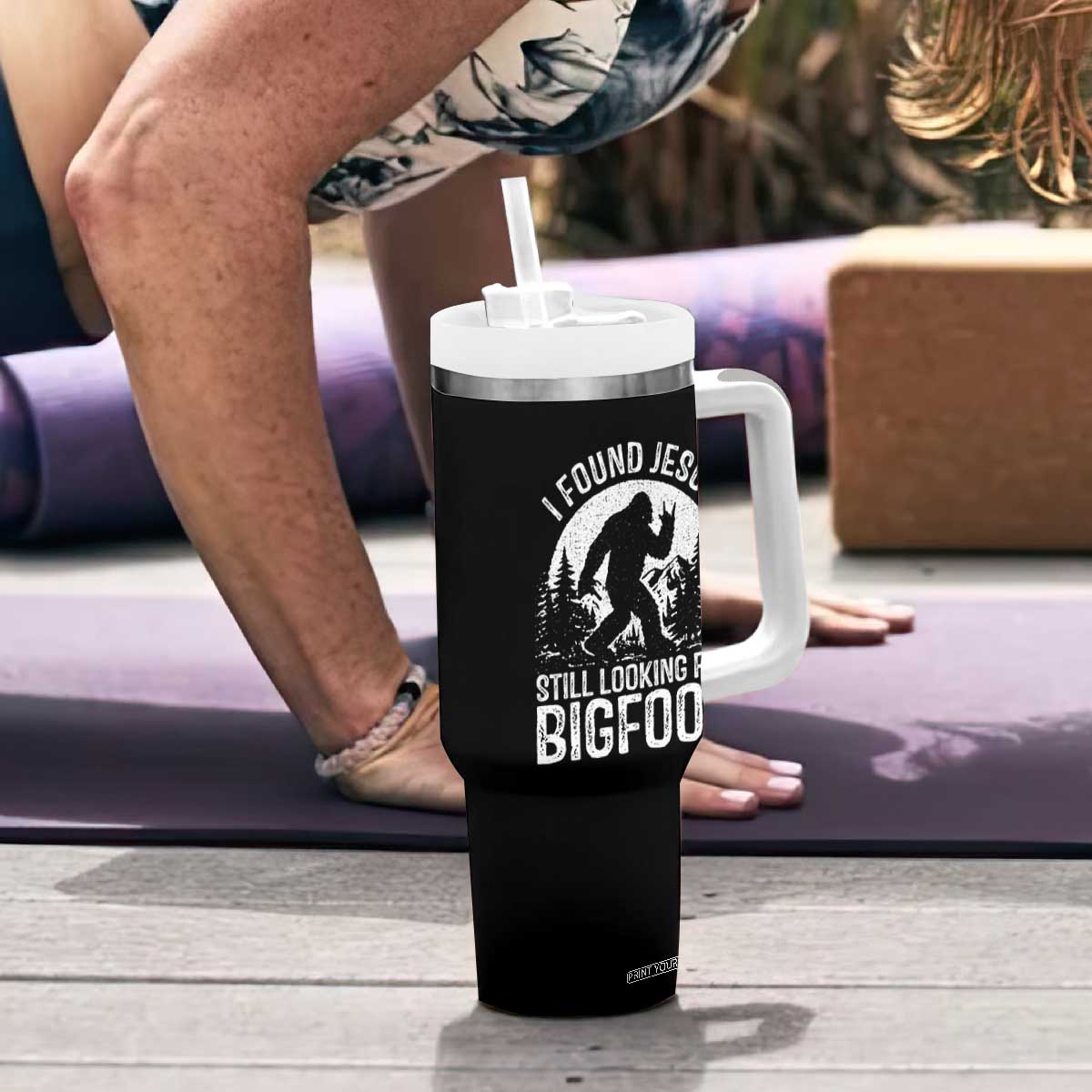 Funny Christian Sasquatch Tumbler With Handle I Found Jesus Still Looking for Bigfoot Vintage Distressed Graphic TS02 Print Your Wear