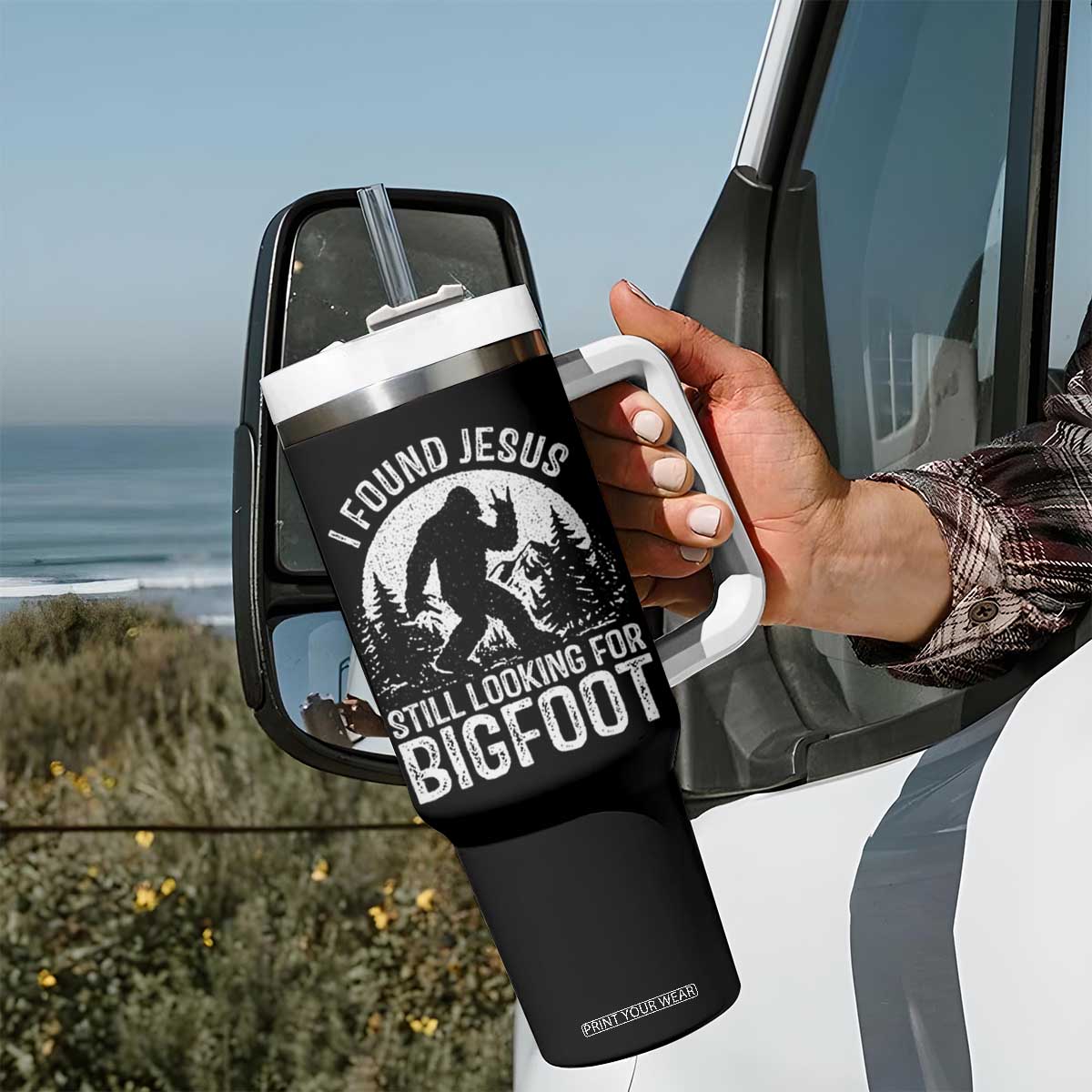 Funny Christian Sasquatch Tumbler With Handle I Found Jesus Still Looking for Bigfoot Vintage Distressed Graphic TS02 Print Your Wear