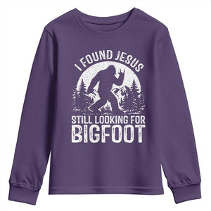 Funny Christian Sasquatch Youth Sweatshirt I Found Jesus Still Looking for Bigfoot Vintage Distressed Graphic TS02 Purple Print Your Wear