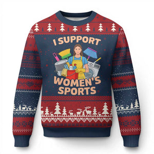 I Support Womens Sports Funny Housework Sarcastic Ugly Christmas Sweater Edgy Humor Fan Gift TS02 Navy Red Print Your Wear