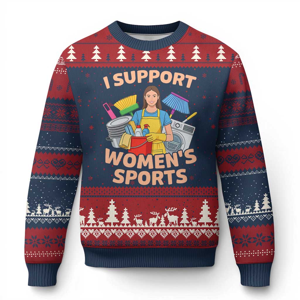 I Support Womens Sports Funny Housework Sarcastic Ugly Christmas Sweater Edgy Humor Fan Gift TS02 Navy Red Print Your Wear