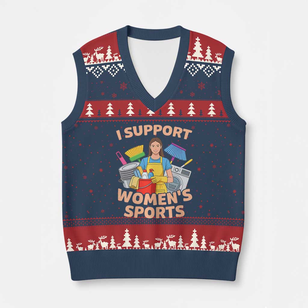 I Support Womens Sports Funny Housework Sarcastic V-Neck Knit Sweater Vest Edgy Humor Fan Gift TS02 Navy Red Print Your Wear