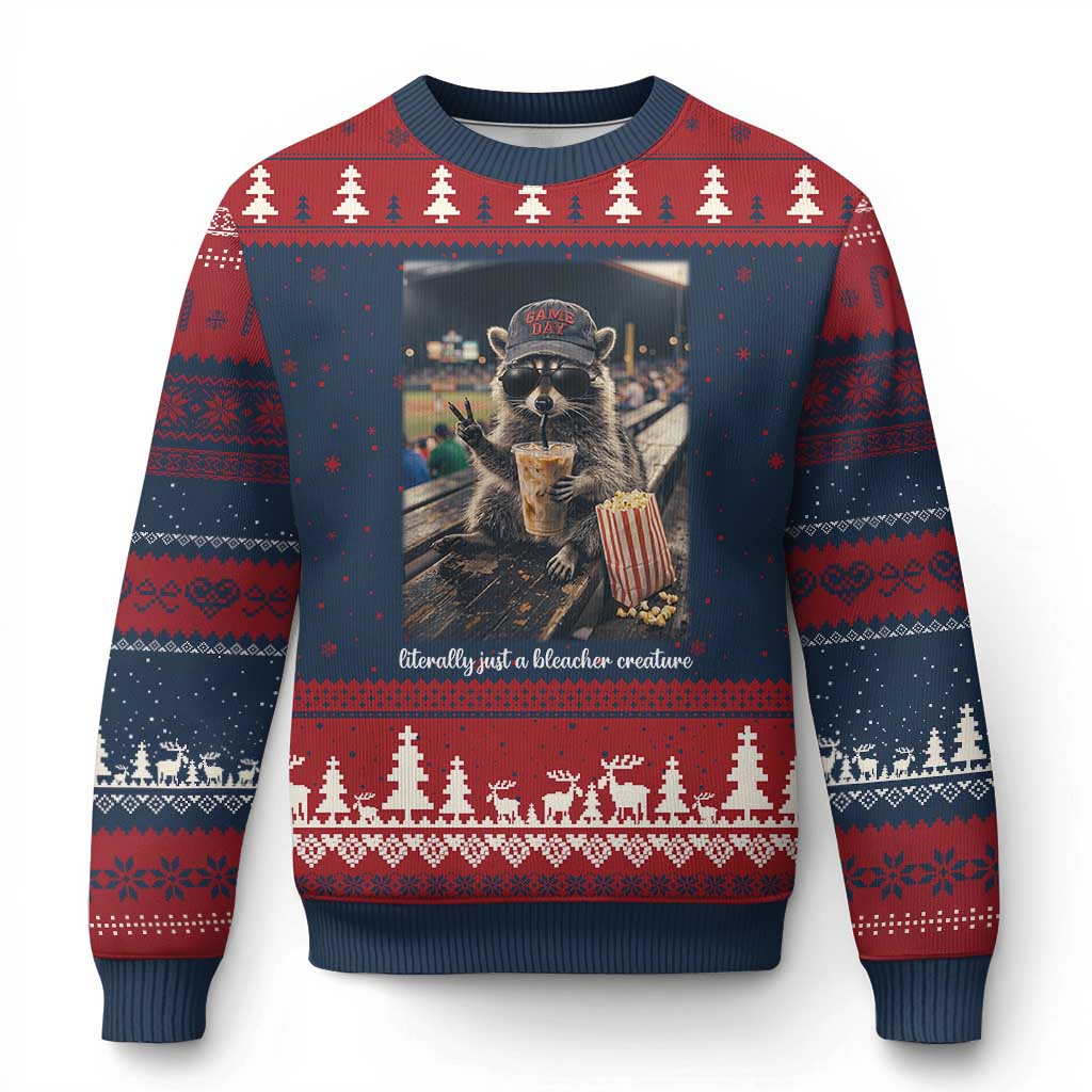 Literally Just A Bleacher Creature Funny Raccoon Baseball Graphic Ugly Christmas Sweater Cool Game Day Fan Gift TS02 Navy Red Print Your Wear