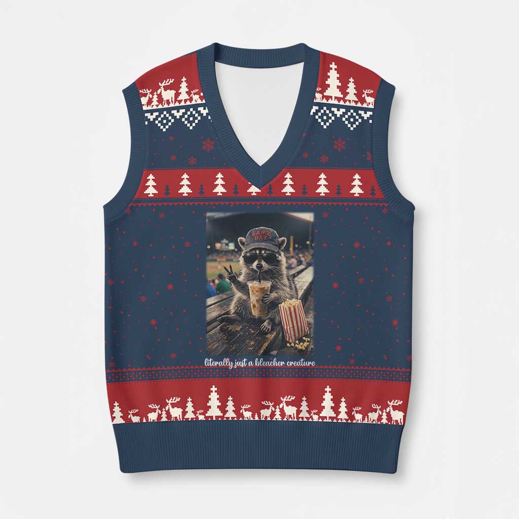 Literally Just A Bleacher Creature Funny Raccoon Baseball Graphic V-Neck Knit Sweater Vest Cool Game Day Fan Gift TS02 Navy Red Print Your Wear
