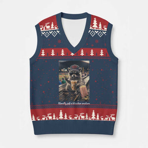 Literally Just A Bleacher Creature Funny Raccoon Baseball Graphic V-Neck Knit Sweater Vest Cool Game Day Fan Gift TS02 Navy Red Print Your Wear