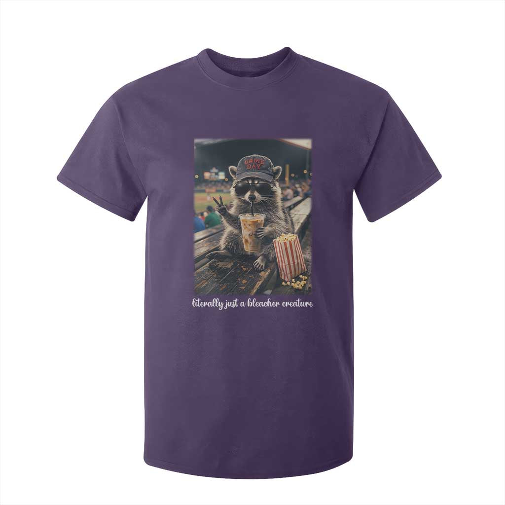 Literally Just A Bleacher Creature Funny Raccoon Baseball Graphic T Shirt For Kid Cool Game Day Fan Gift TS02 Purple Print Your Wear