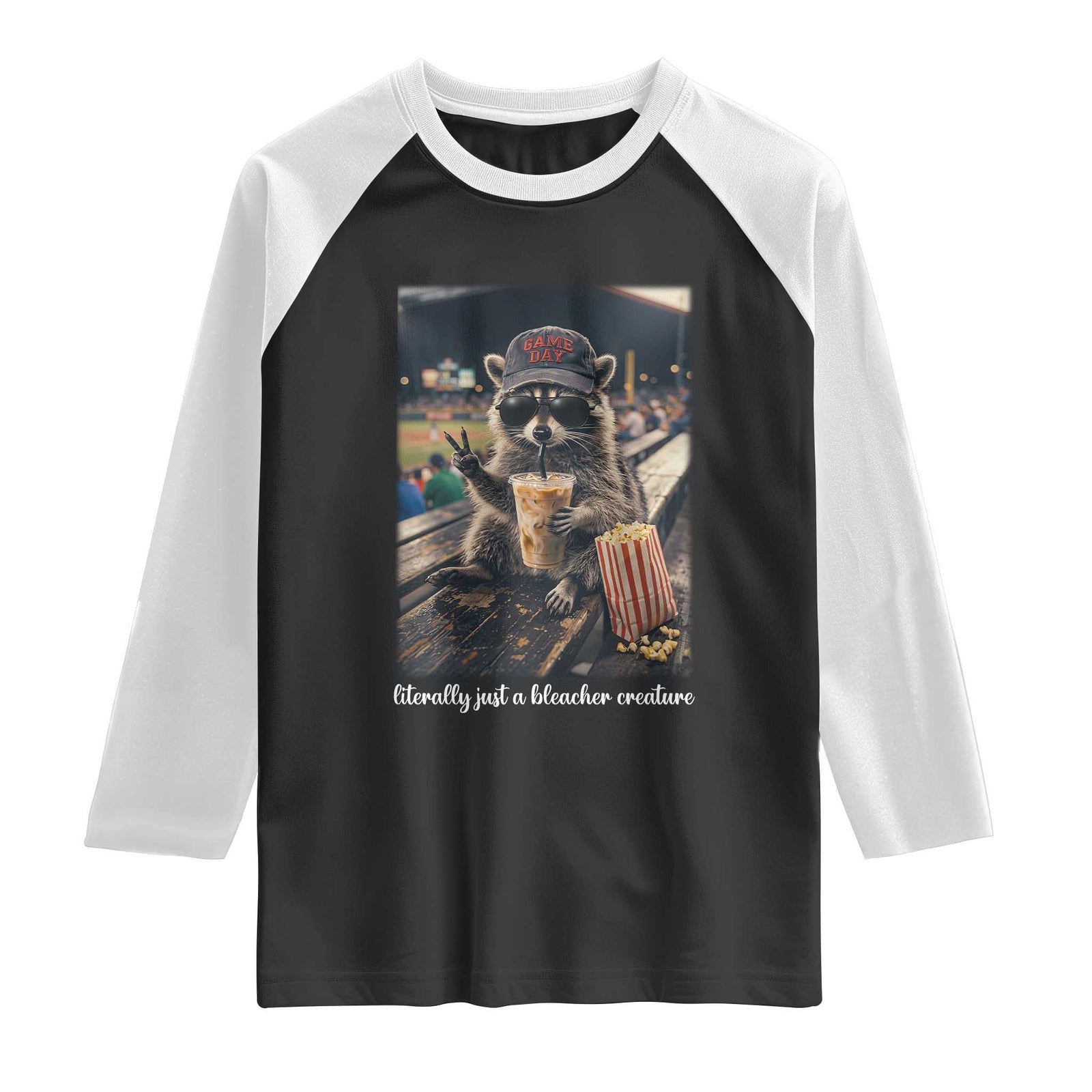 Literally Just A Bleacher Creature Funny Raccoon Baseball Graphic Raglan Shirt Cool Game Day Fan Gift TS02 Black White Print Your Wear