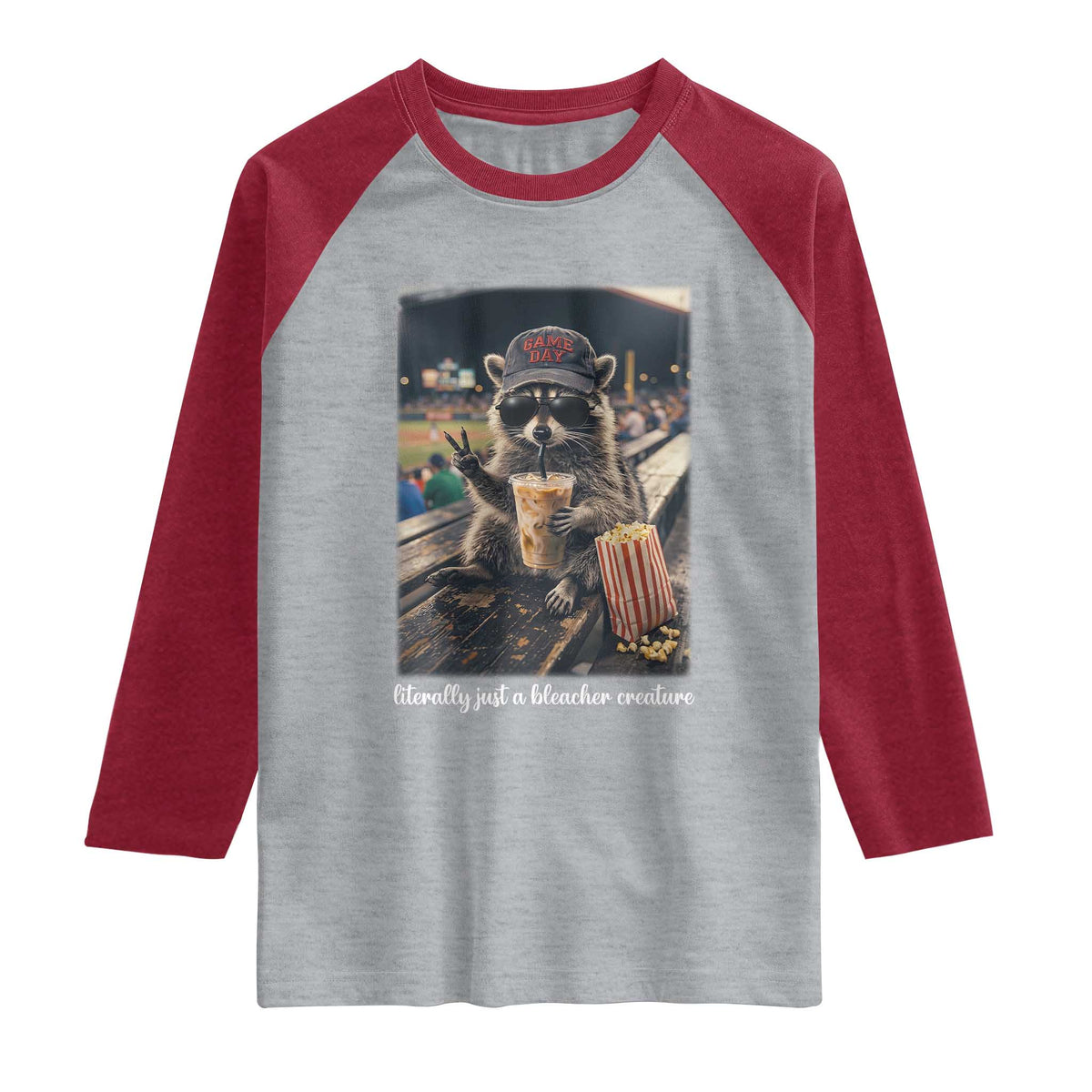 Literally Just A Bleacher Creature Funny Raccoon Baseball Graphic Raglan Shirt Cool Game Day Fan Gift TS02 Heather Gray Heather Red Print Your Wear