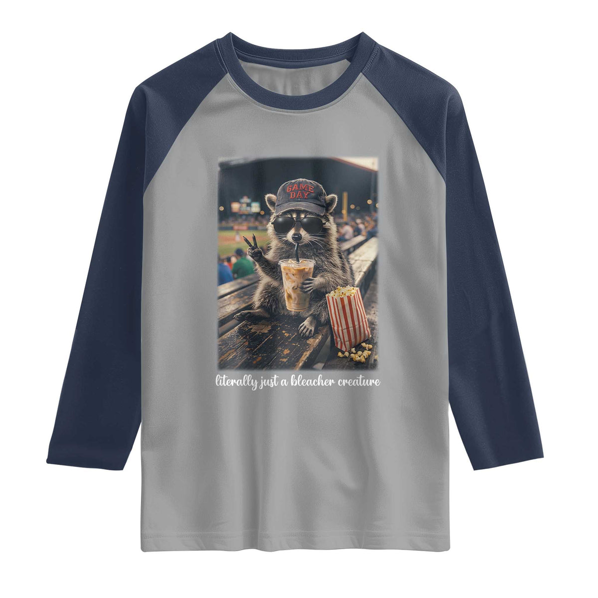 Literally Just A Bleacher Creature Funny Raccoon Baseball Graphic Raglan Shirt Cool Game Day Fan Gift TS02 Sport Gray Navy Print Your Wear