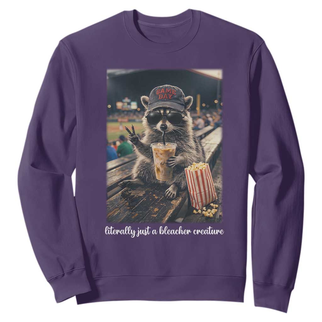 Literally Just A Bleacher Creature Funny Raccoon Baseball Graphic Sweatshirt Cool Game Day Fan Gift TS02 Purple Print Your Wear