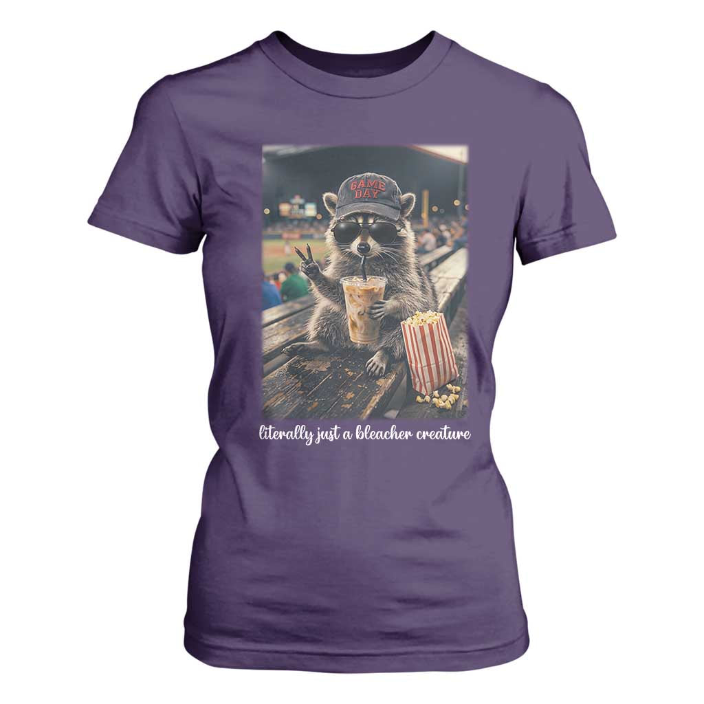 Literally Just A Bleacher Creature Funny Raccoon Baseball Graphic T Shirt For Women Cool Game Day Fan Gift TS02 Purple Print Your Wear