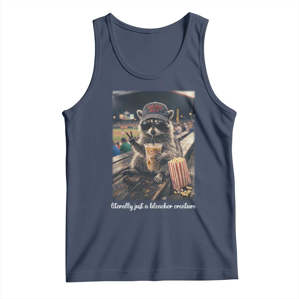Literally Just A Bleacher Creature Funny Raccoon Baseball Graphic Tank Top Cool Game Day Fan Gift TS02 Navy Print Your Wear