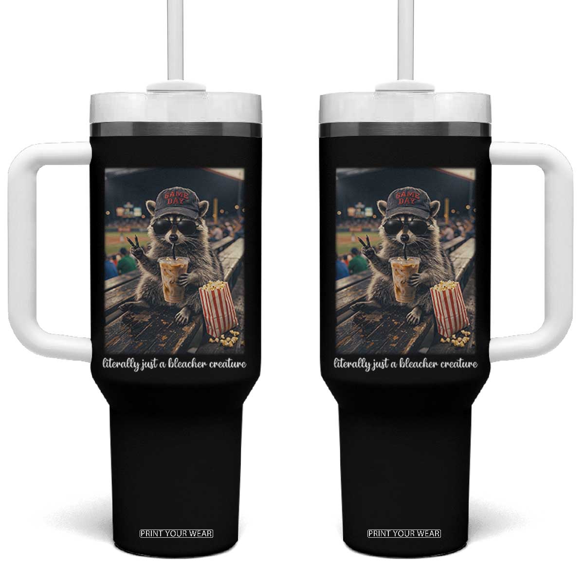 Literally Just A Bleacher Creature Funny Raccoon Baseball Graphic Tumbler With Handle Cool Game Day Fan Gift TS02 One Size: 40 oz Black Print Your Wear