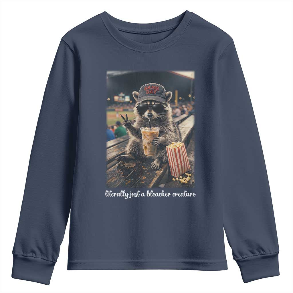 Literally Just A Bleacher Creature Funny Raccoon Baseball Graphic Youth Sweatshirt Cool Game Day Fan Gift TS02 Navy Print Your Wear