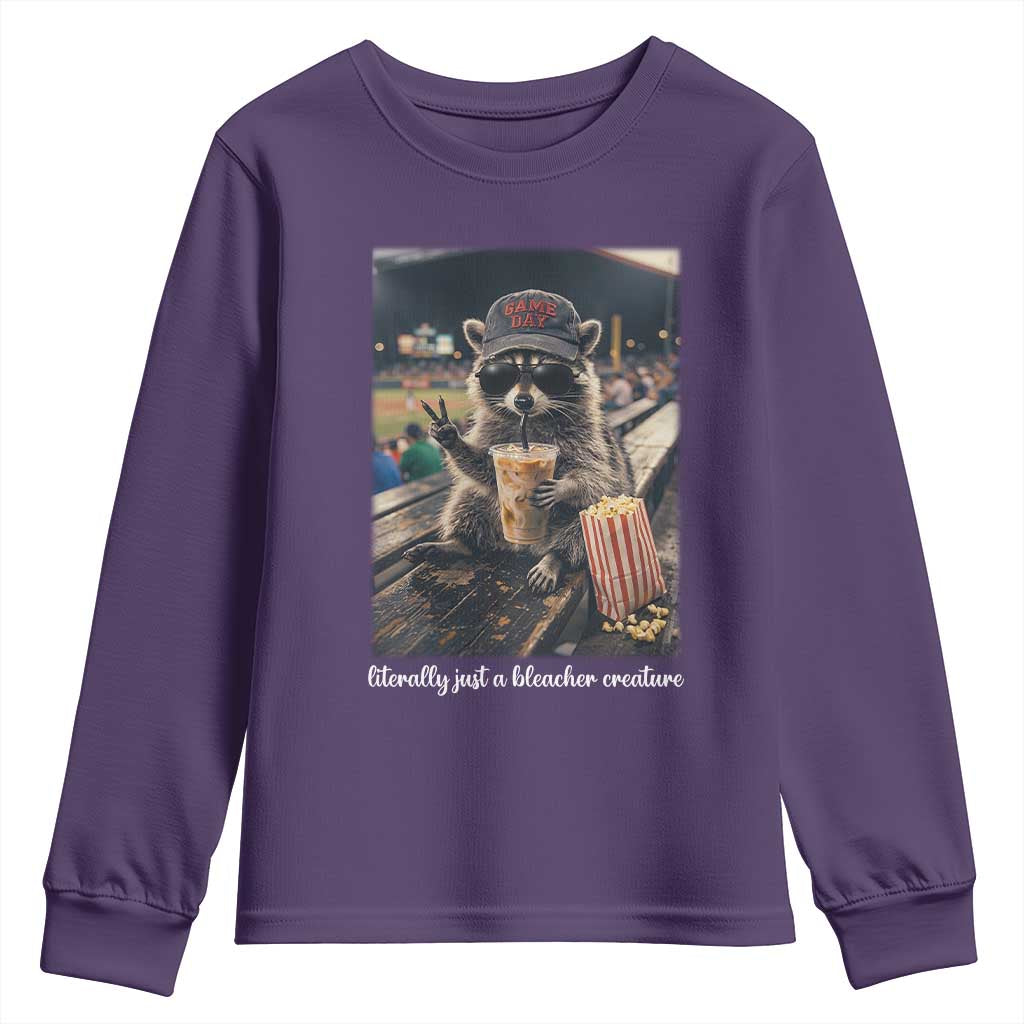 Literally Just A Bleacher Creature Funny Raccoon Baseball Graphic Youth Sweatshirt Cool Game Day Fan Gift TS02 Purple Print Your Wear