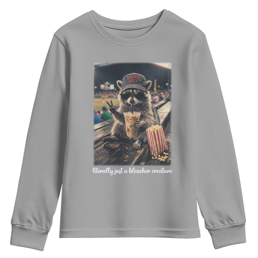 Literally Just A Bleacher Creature Funny Raccoon Baseball Graphic Youth Sweatshirt Cool Game Day Fan Gift TS02 Sport Gray Print Your Wear
