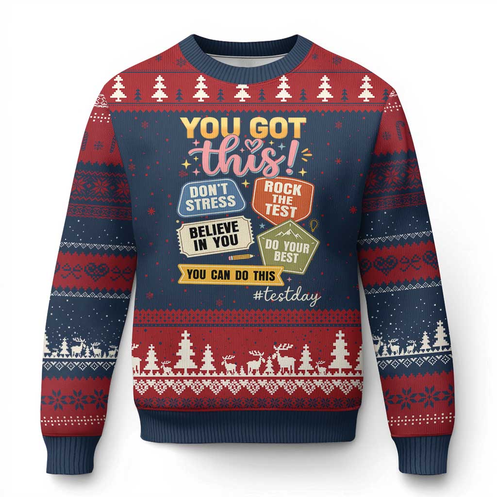Retro Test Day Motivation You Got This Ugly Christmas Sweater Rock The Test Believe In You Inspirational Teacher TS02 Navy Red Print Your Wear